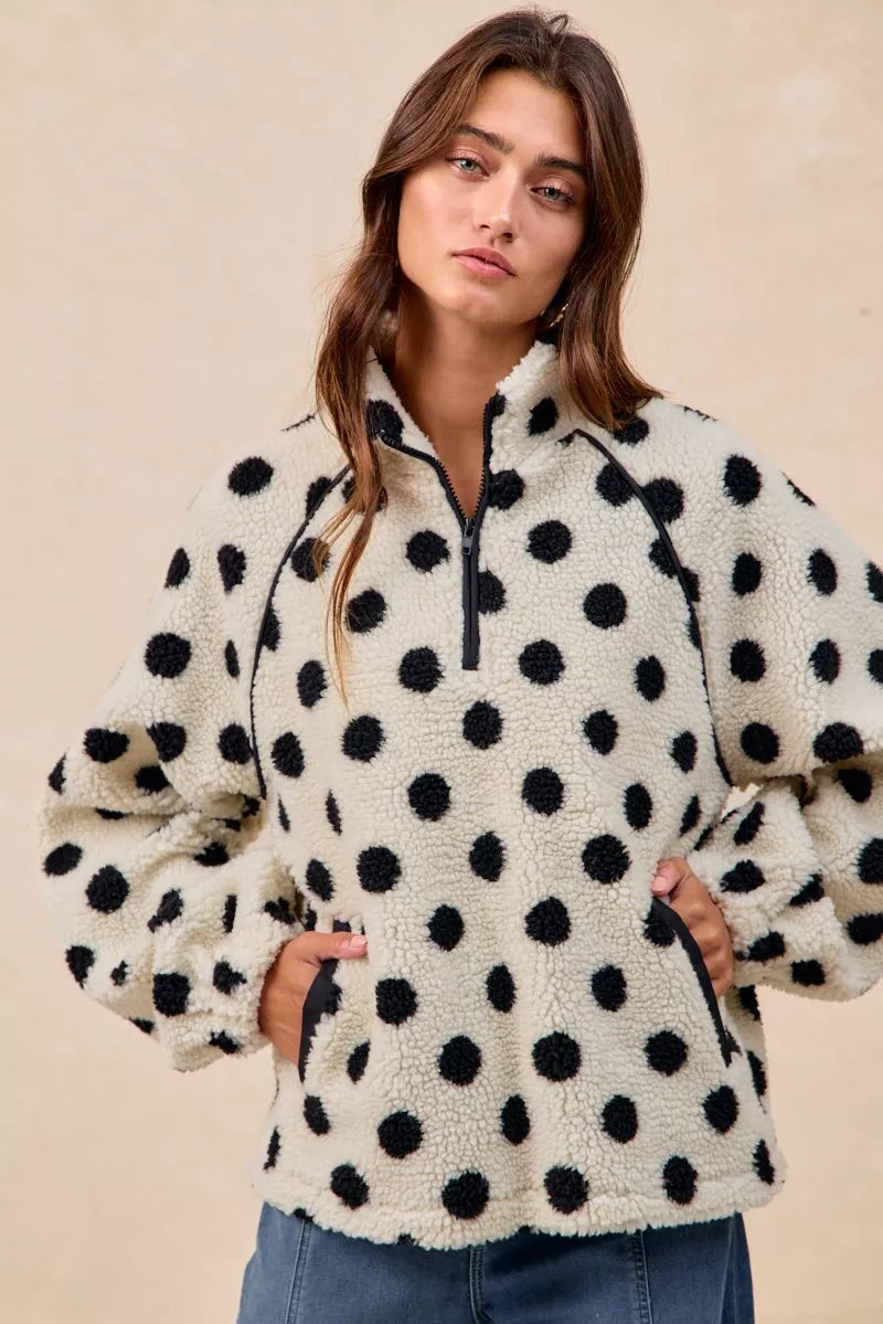 Polka Dot Sherpa Half Zip Up Top