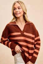 BiBi Striped Sweater Top with Collar Stitched Details