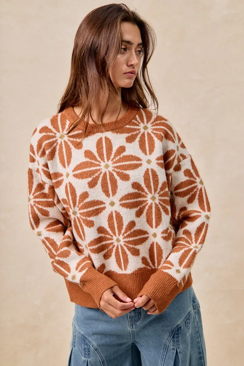Flower Pattern Long Sleeve Sweater