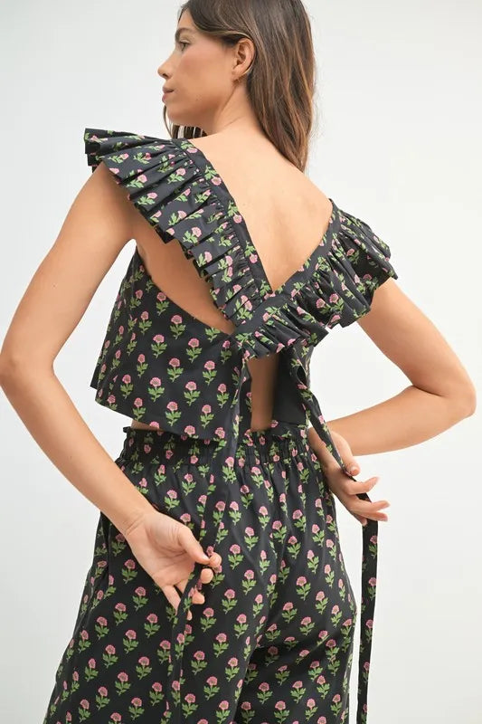 Floral Print Ruffle Top and Pants Set