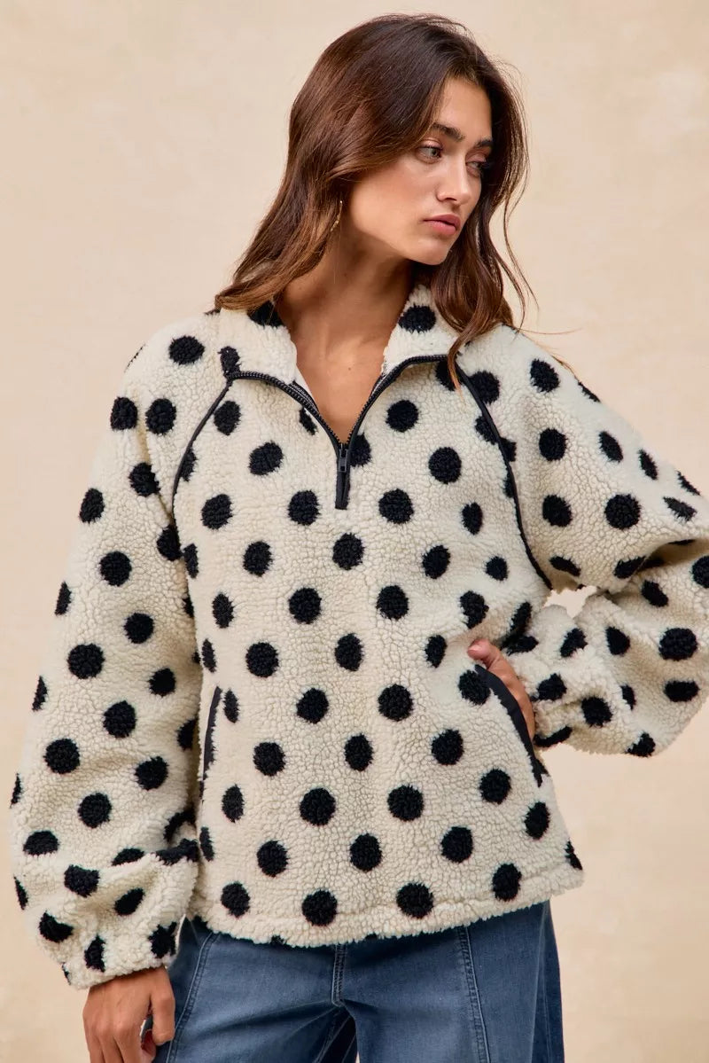 Polka Dot Sherpa Half Zip Up Top