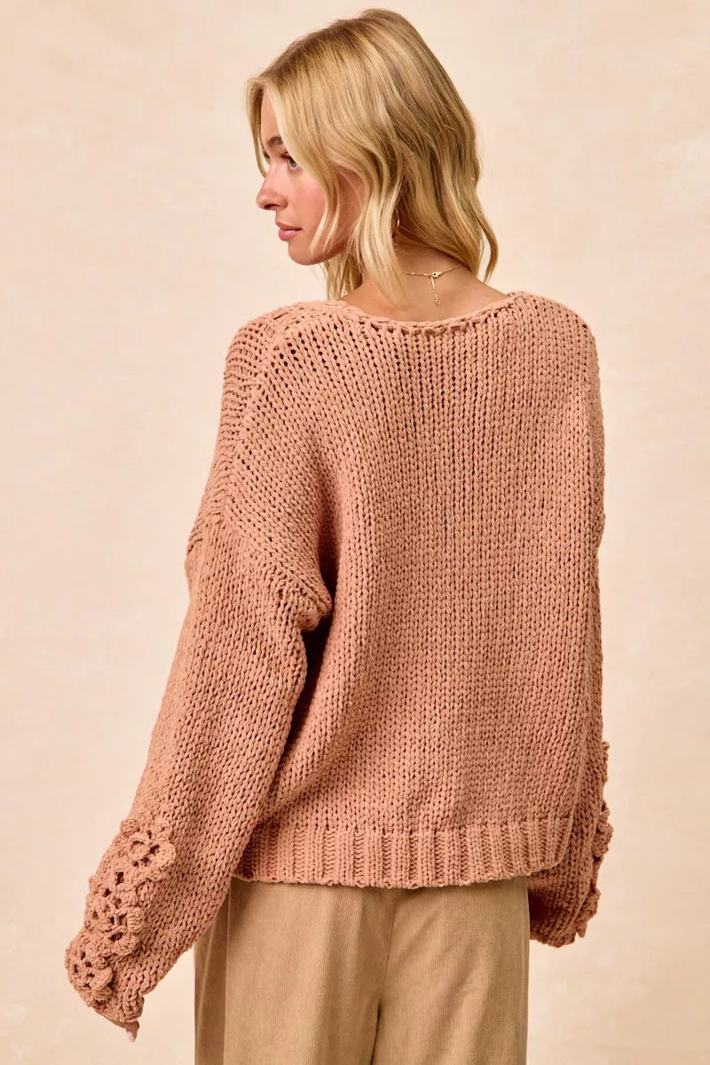 BiBi Chunky Knit Sweater with Flower Detail Sleeves
