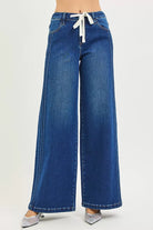 Mid Rise Drawstring Wide Side Pintuck Jeans