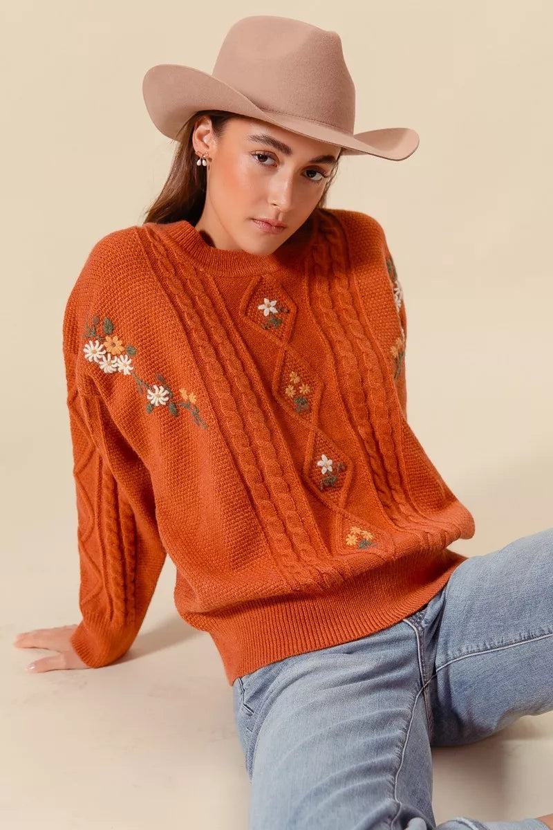 Embroidered Flower Cable Knitted Sweater