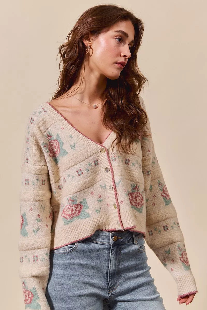 SO ME Floral Pattern Long Sleeve Button Sweater Cardigan