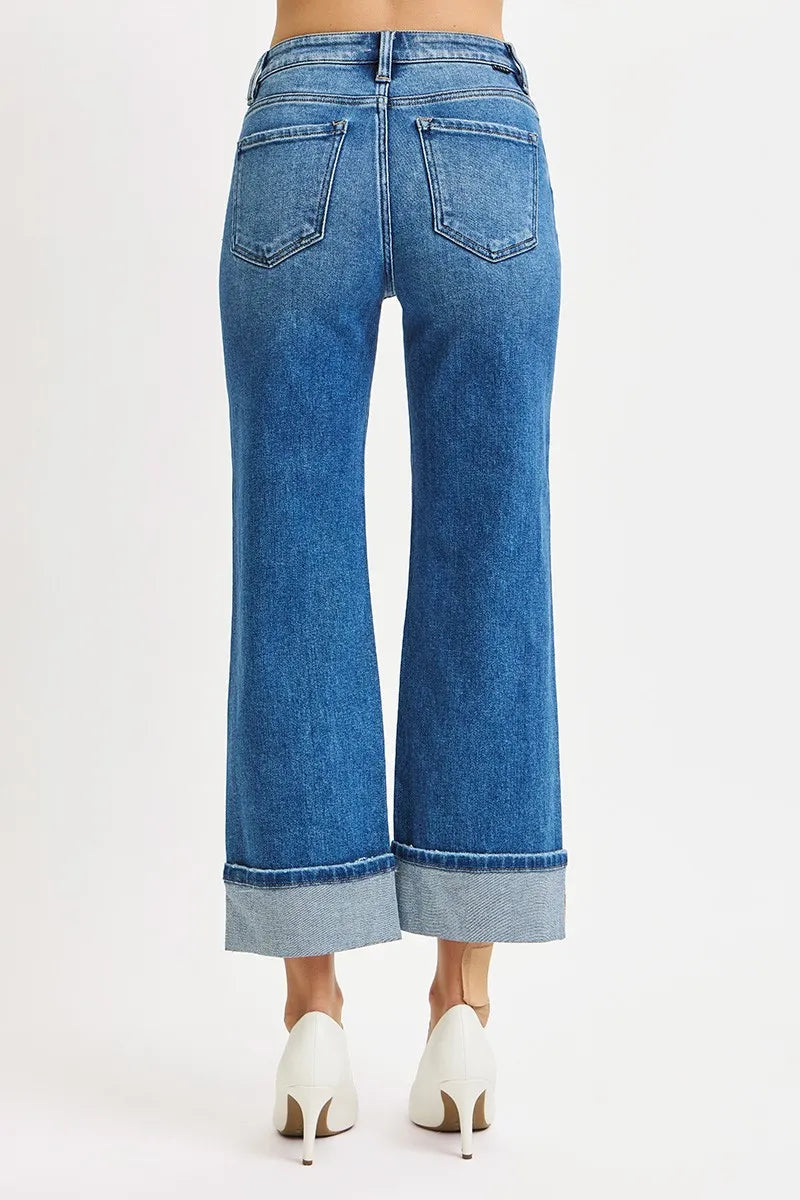 Mid Rise Crop Straight Cuffed Jeans