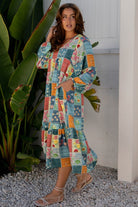 Floral Patchwork Long Sleeve Ruffle Hem Midi Dress