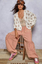 Openwork Chenille Cardigan with Contrast Floral