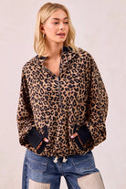 BiBi Leopard Print Waffle Half Zip Up Hoodie W Pocket