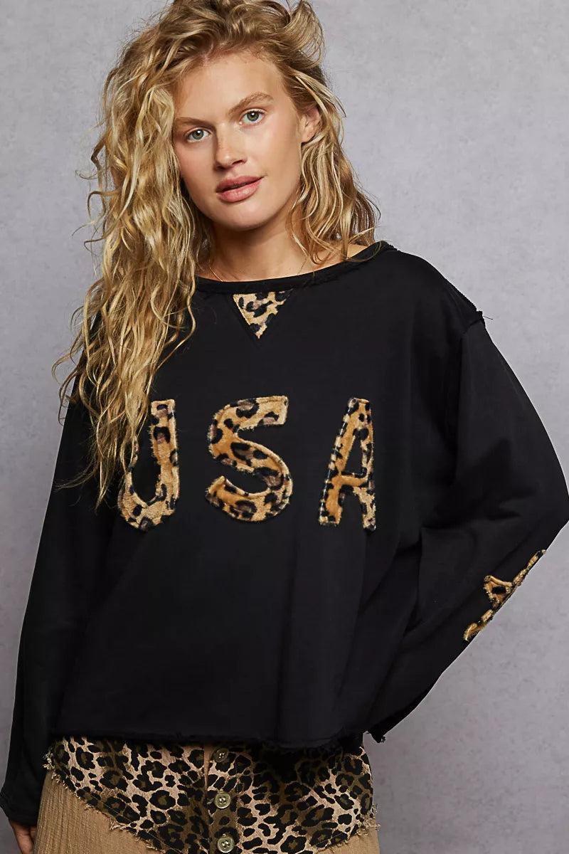 French Terry Sweatshirt with USA Letter Animal Patch