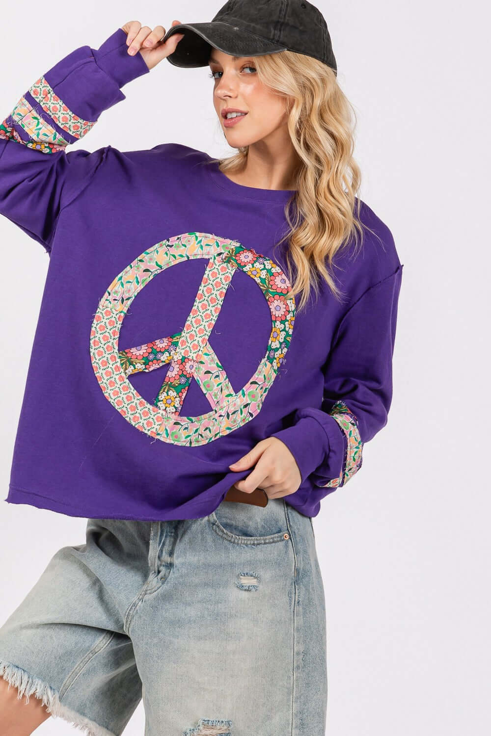 Peace Applique Patch Long Sleeve Top