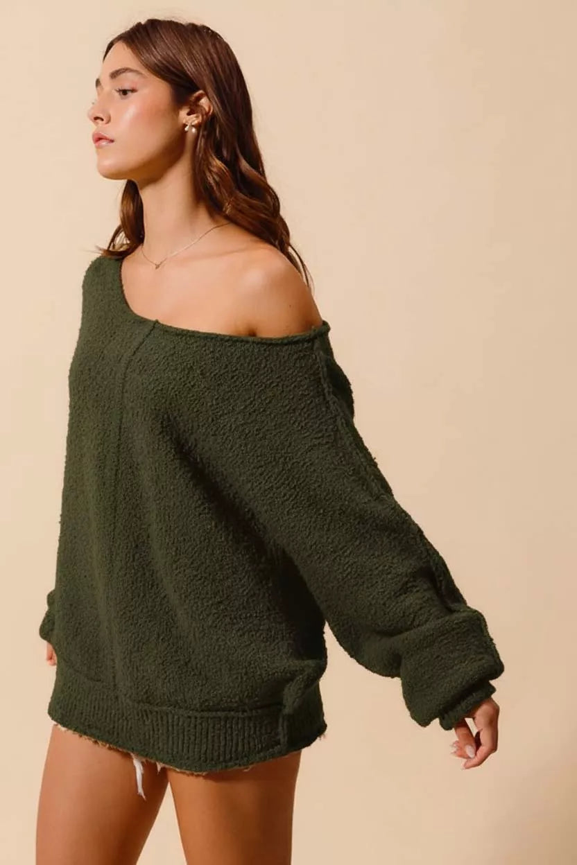 Loose Fit Exposed Seam Slouchy Boucle Sweater