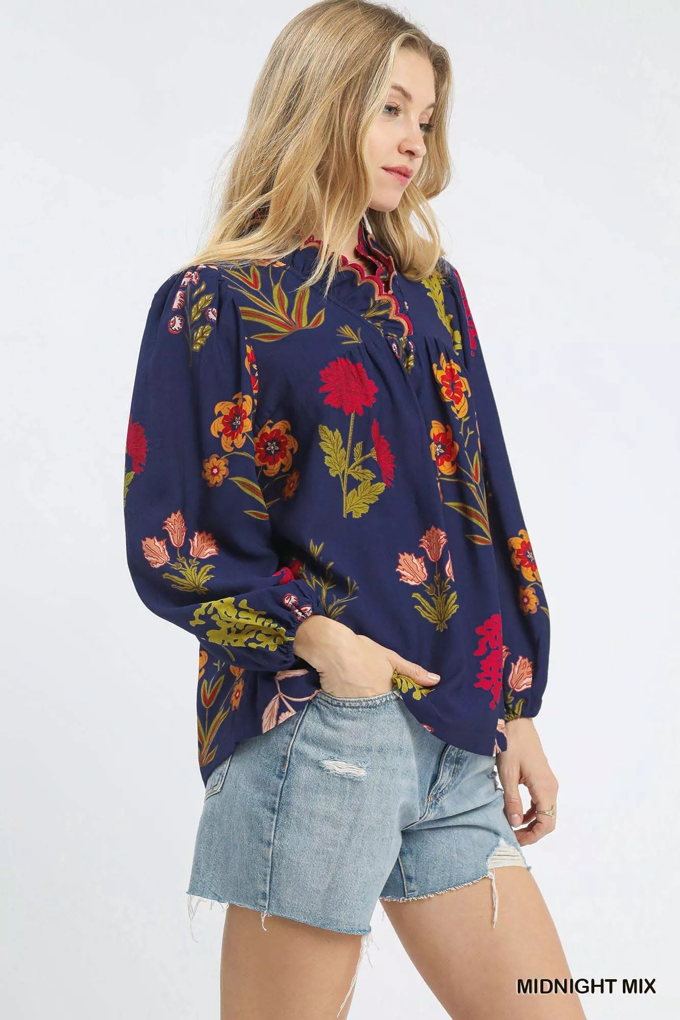 Floral Blouse with Scalloped Neckline