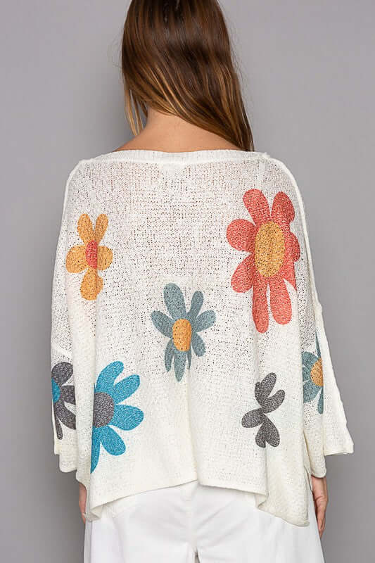 Flower Dropped Shoulder Knit Top