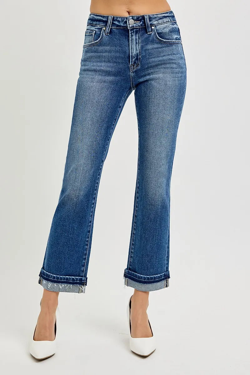 Mid Rise Ankle Straight Cuffed Jeans