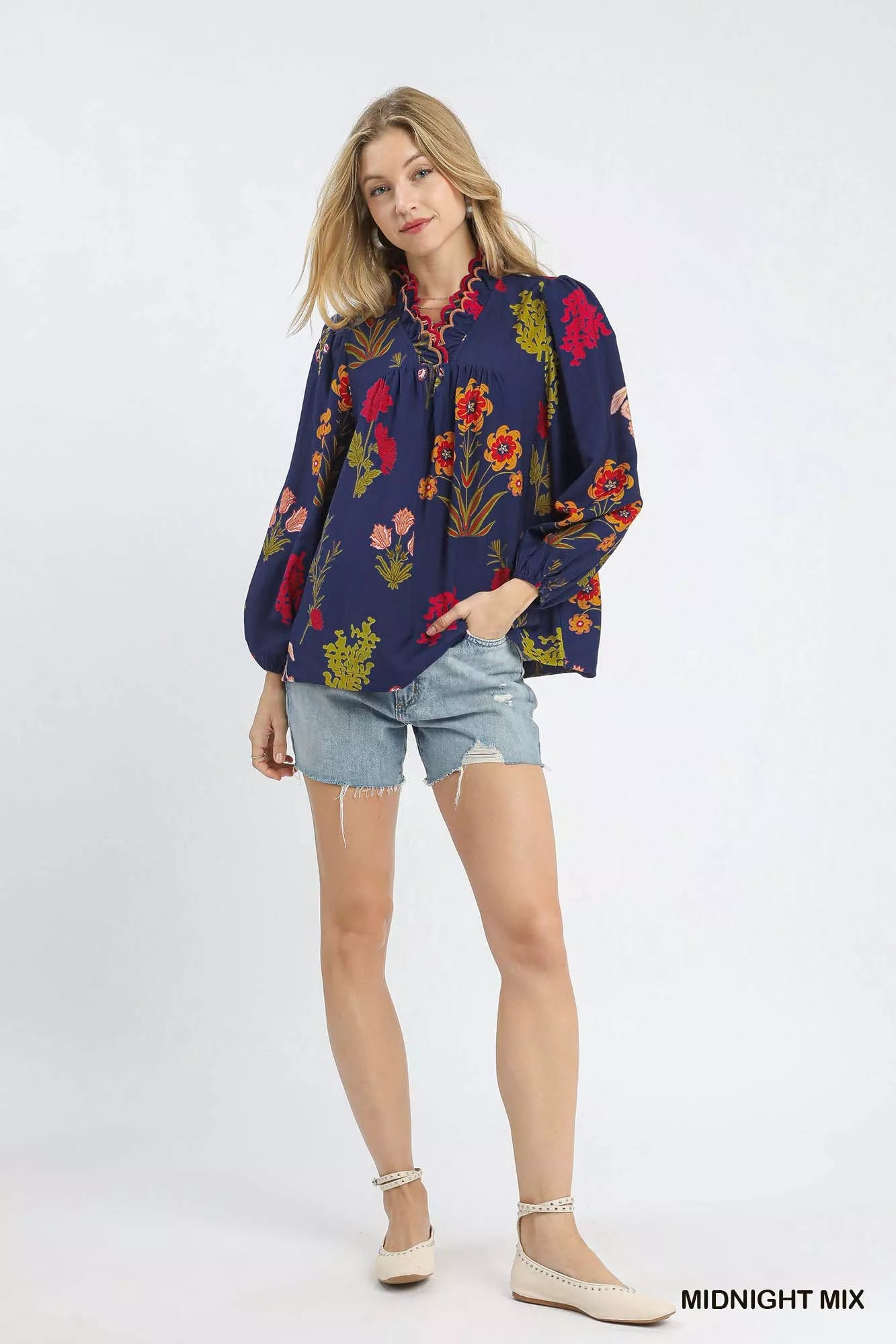 Floral Blouse with Scalloped Neckline