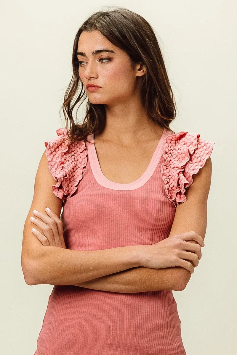 Rib Knit Ruffled Tank Top