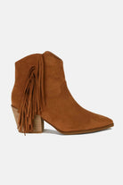 Suede fringe point toe ankle boots in brown, featuring a stylish design and playful fringe detailing.