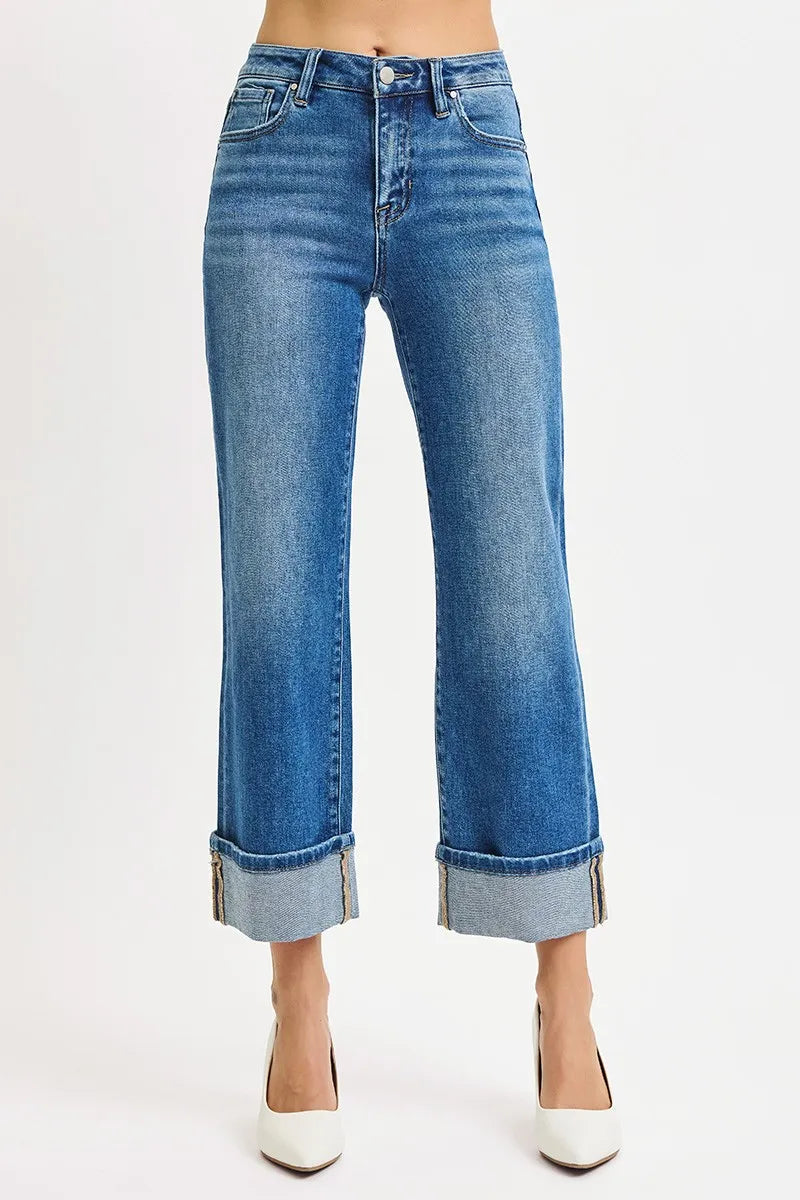 Mid Rise Crop Straight Cuffed Jeans