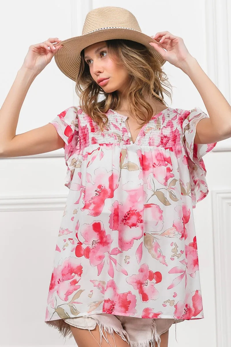Floral Print Flutter Sheer Top