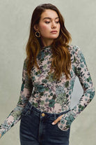 SO ME Floral Print Mesh Knit Long Sleeves Top