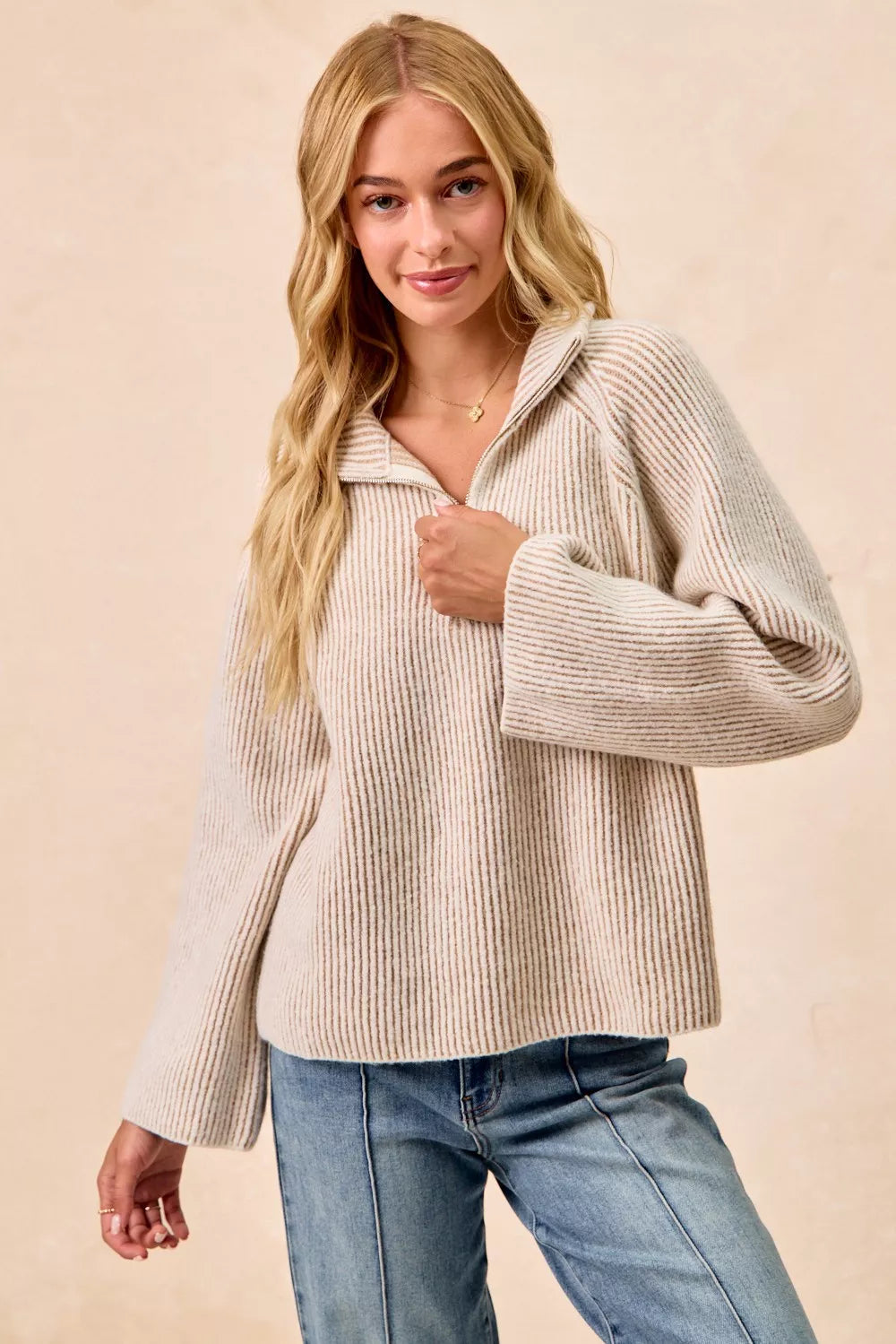 Rib Textured Knit Collared Top with Zip Up
