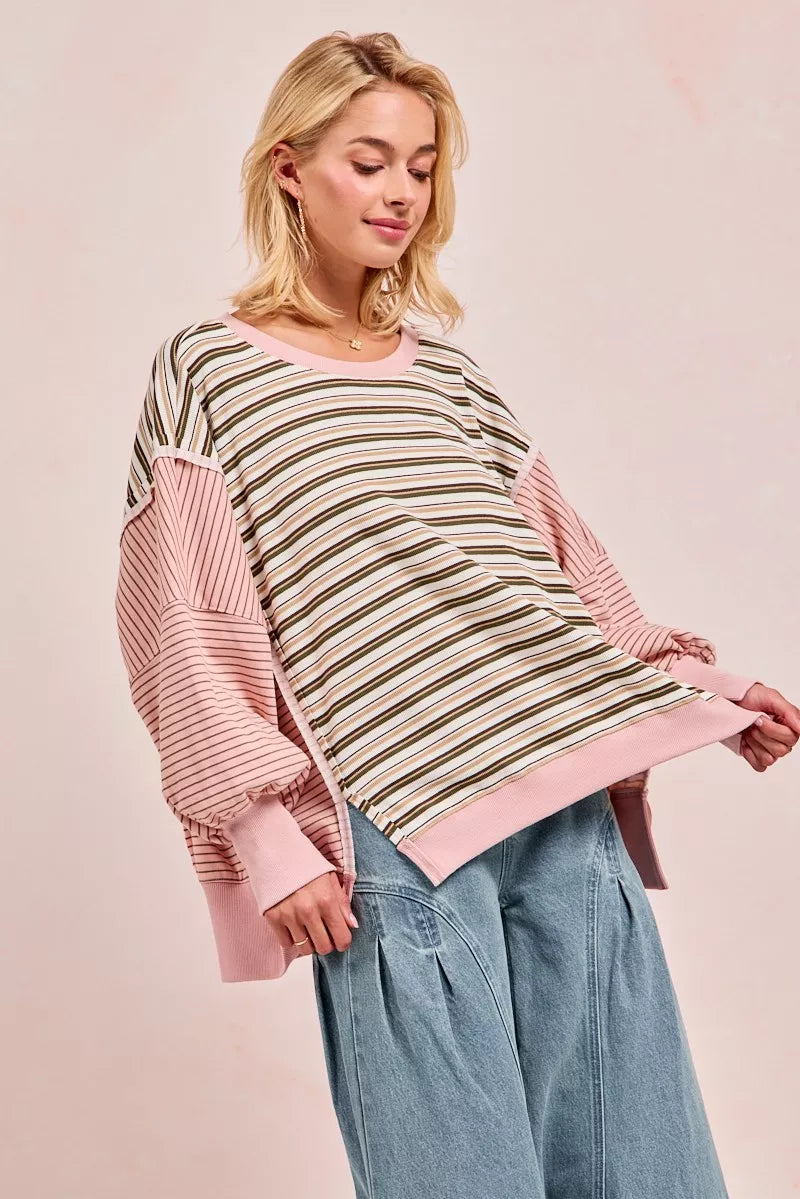 Striped Top With Cut Edge And Reverse Outseam