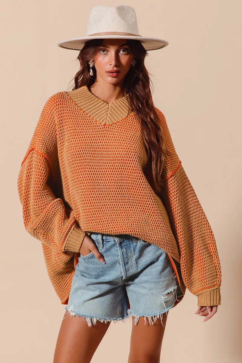 SO ME Oversized Two Tone Textured V Neck Sweater