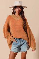 SO ME Oversized Two Tone Textured V Neck Sweater