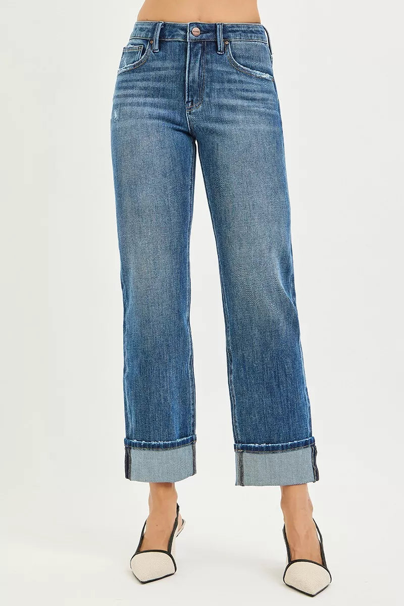 4 Way Stretch Slouchy Straight Jeans with Cuffed Hem