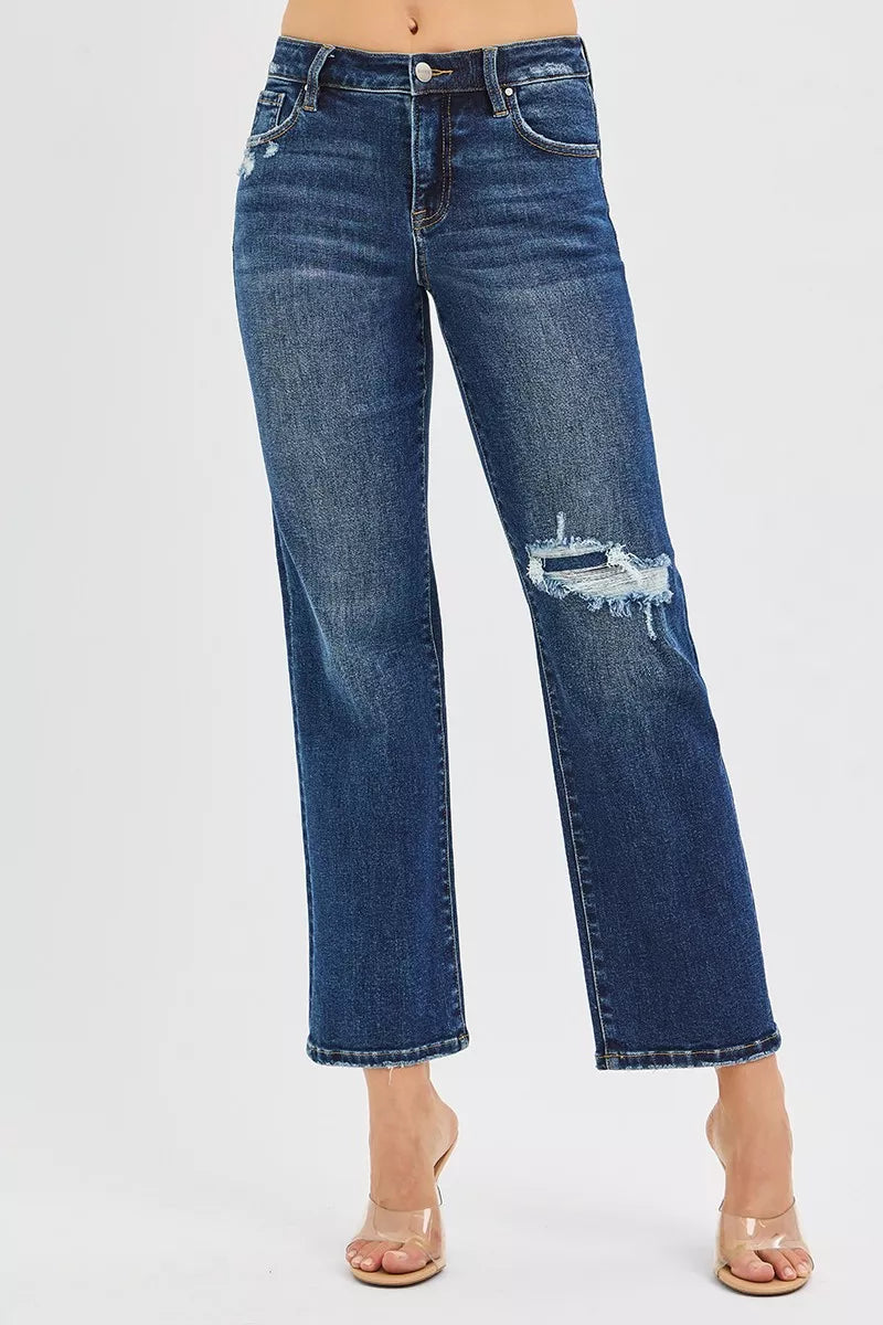 High Rise Crop Slim Straight Jeans with Hidden Knee Patch