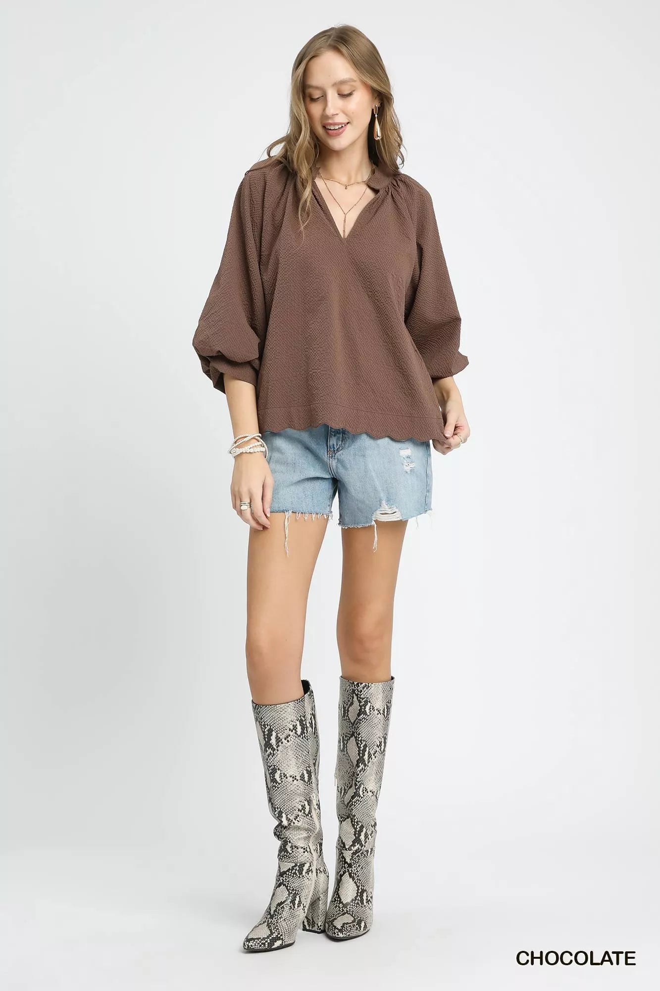 Textured Balloon Sleeve Blouse