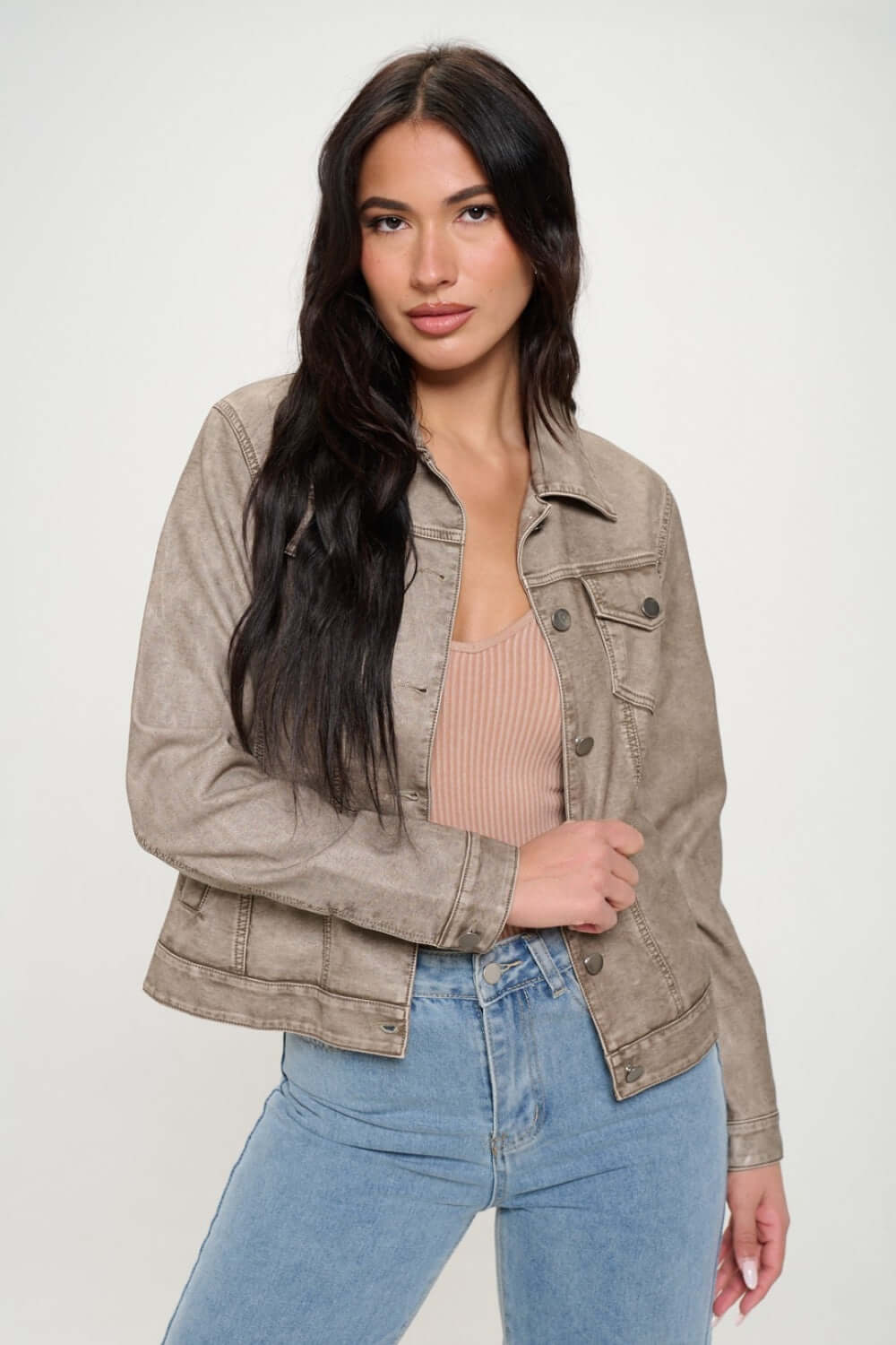 Button Down Cargo Vegan Leather Jacket