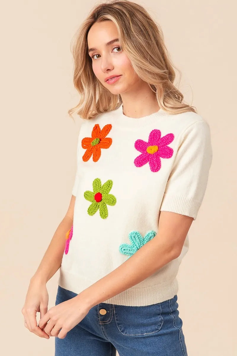Crochet Flower Patch Sweater Top