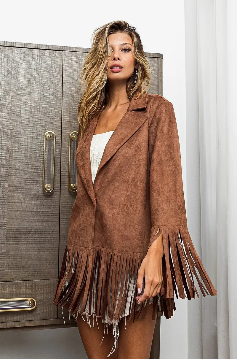 Faux Suede Blazer with Fringed Hem