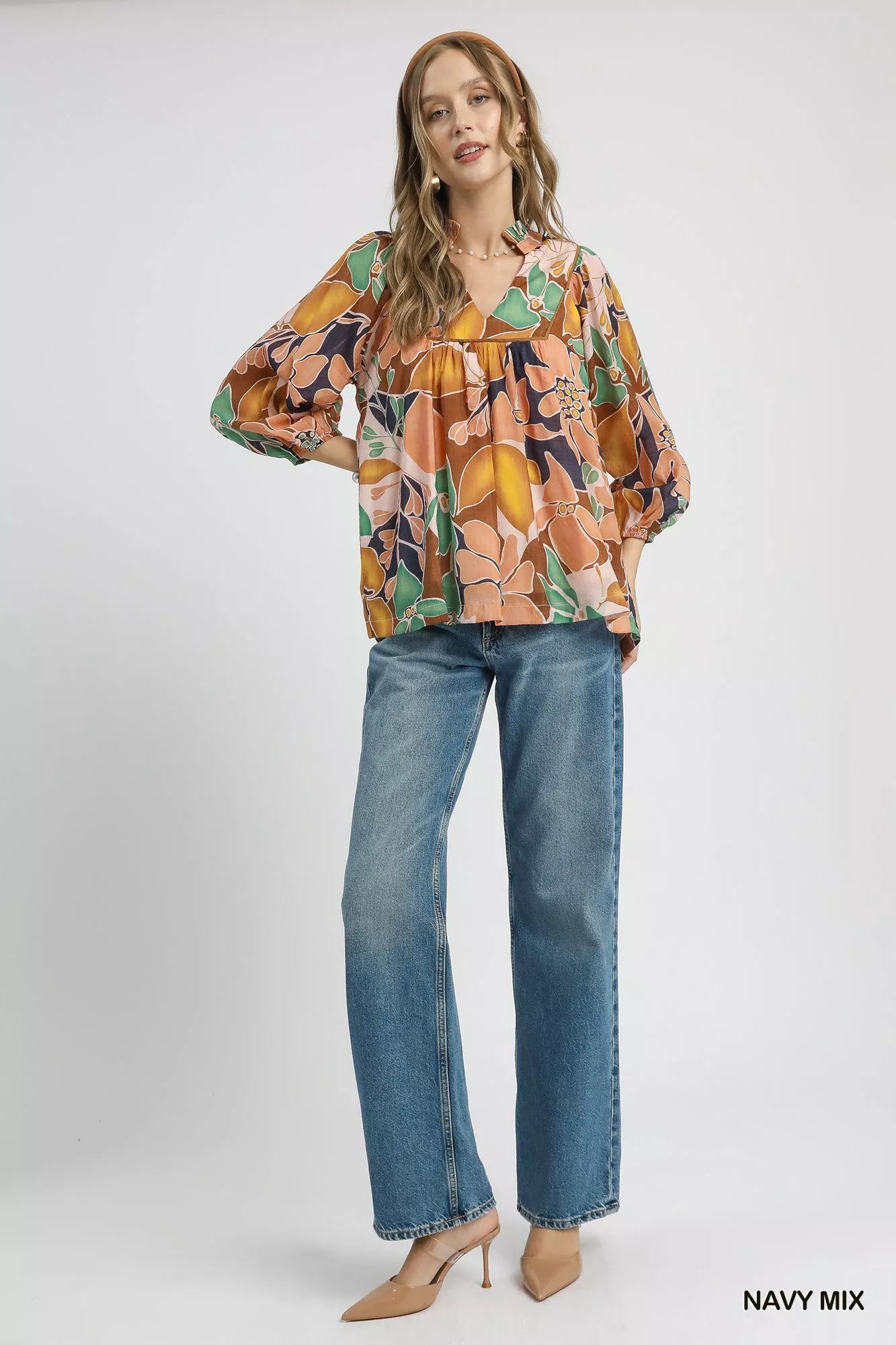 Abstract Floral Print Ruffle Neck Blouse