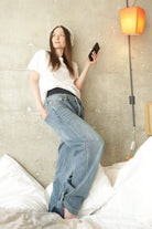 Adjustable Hem Knit Band Wide Leg Jeans