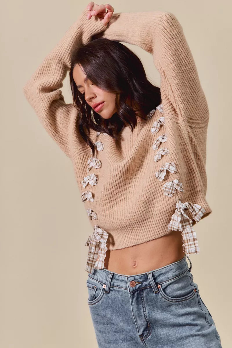 Plaid Tape Lace Up Ribbed Sweater