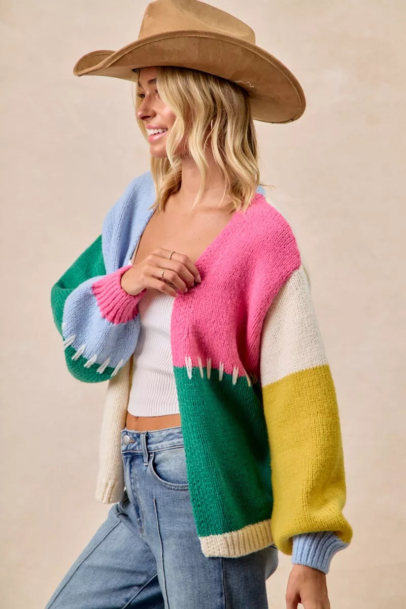 Color Block Open Front Cardigan