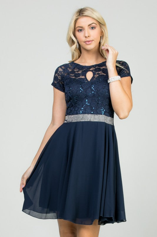 Lace Bodice Beaded Belt Chiffon Mini Dress