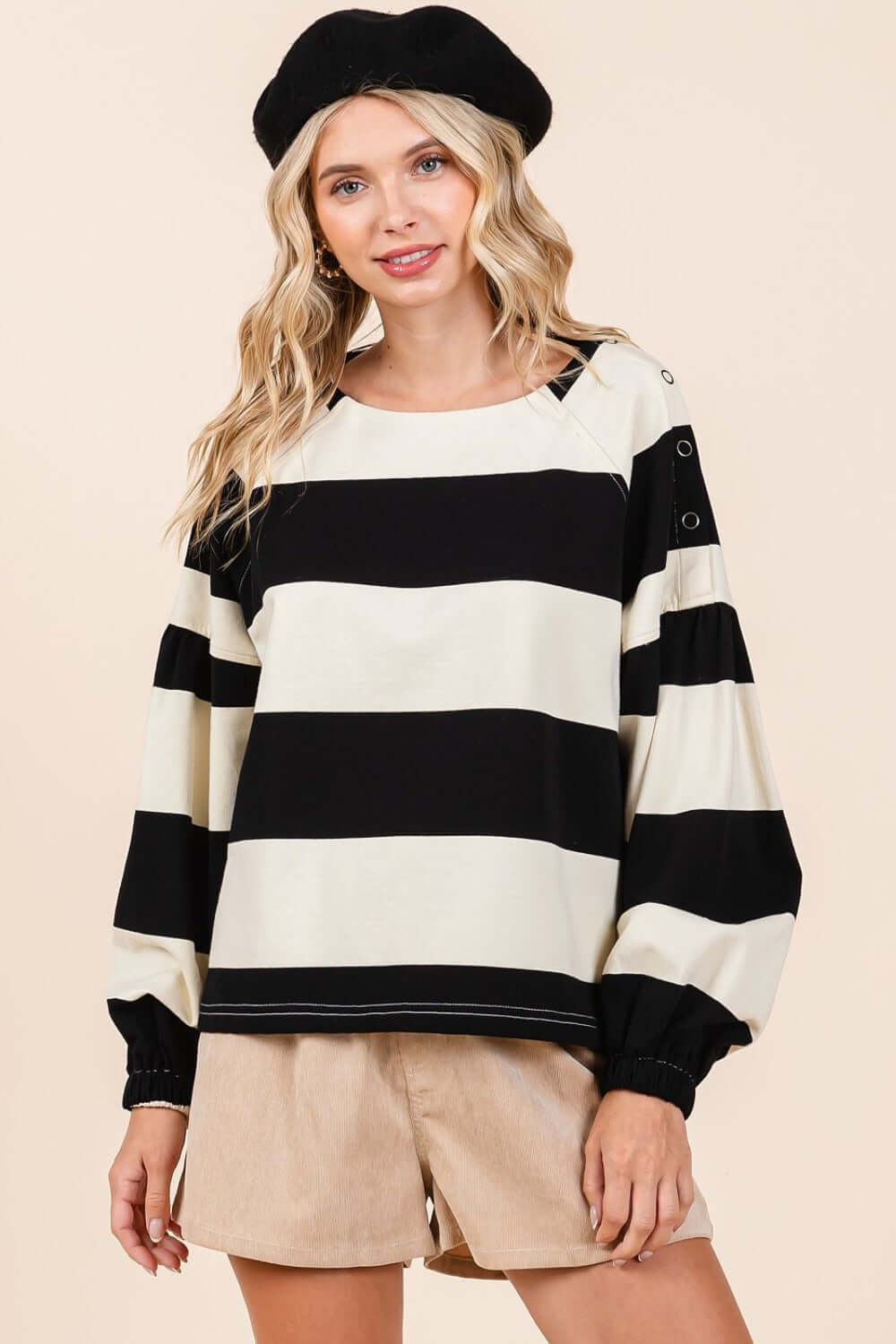 Striped Snap Shoulder Long Sleeve T-Shirt