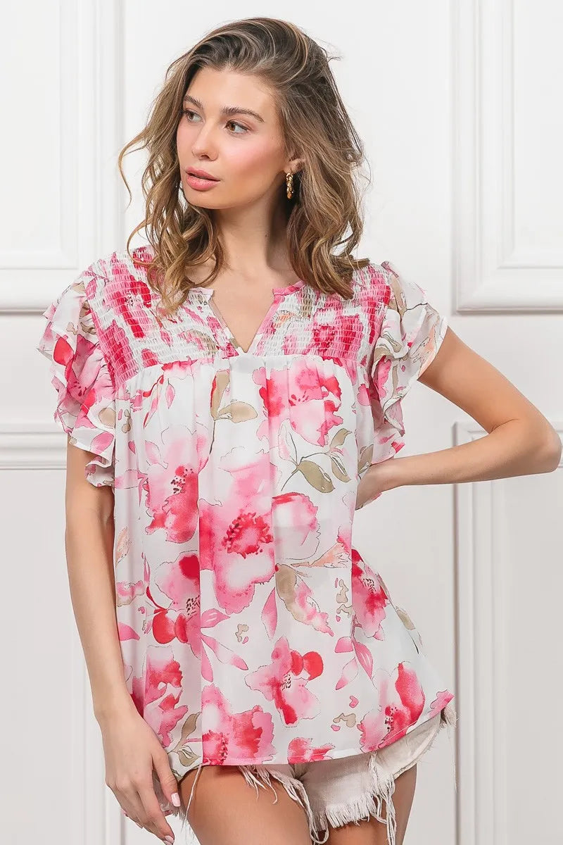 Floral Print Flutter Sheer Top
