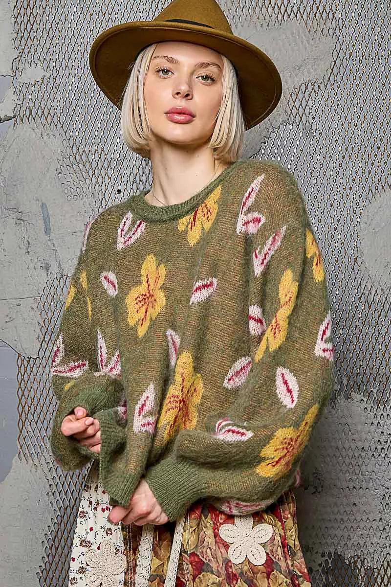 Floral Pattern Balloon Sleeve Sweater
