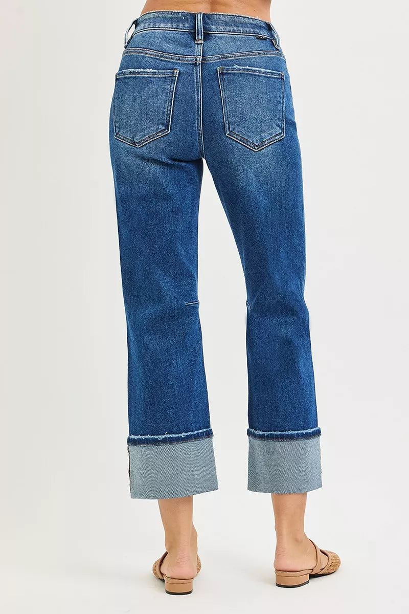 High Rise Straight Jeans with Distressed Hem