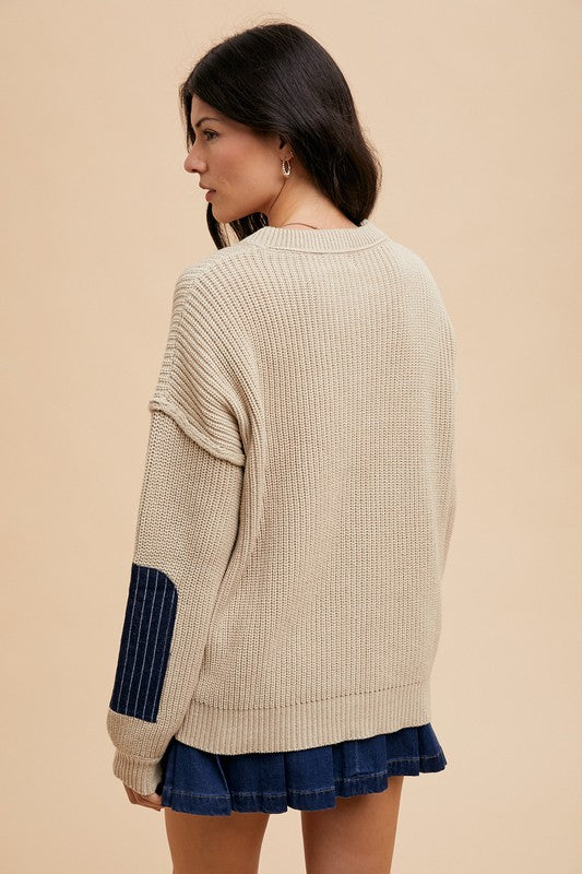 Contrast Round Neck Drop Shoulder Sweater