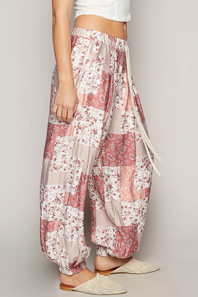 Drawstring Floral Patchwork Wide leg Pants