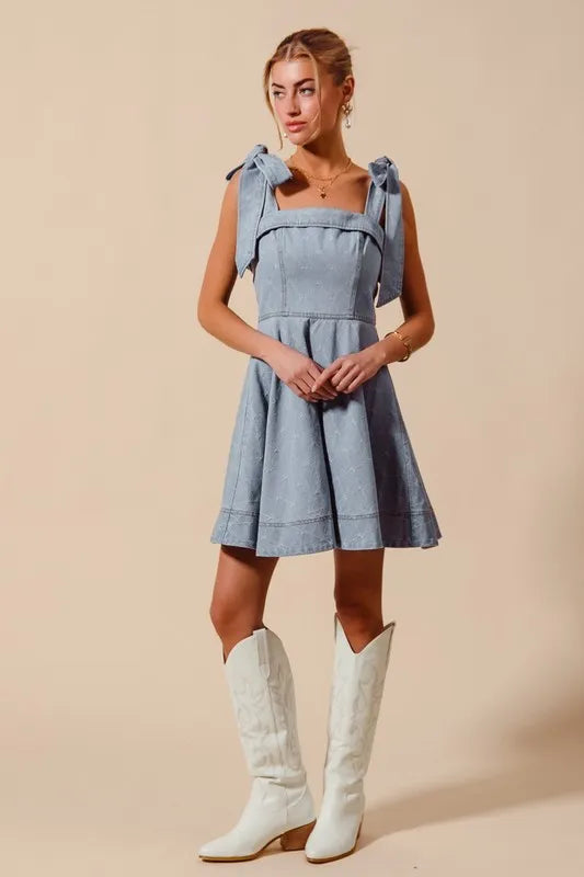 Fit and Flare Diamond Bow Ribbon Denim Dress