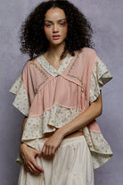POL Floral V-Neck Short Sleeve Ruffled Double Gauze Blouse with Embroidery Detail