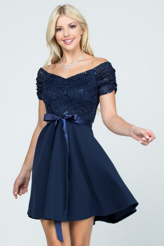 Ruched Off The Shoulder Lace Fit And Flare Dress