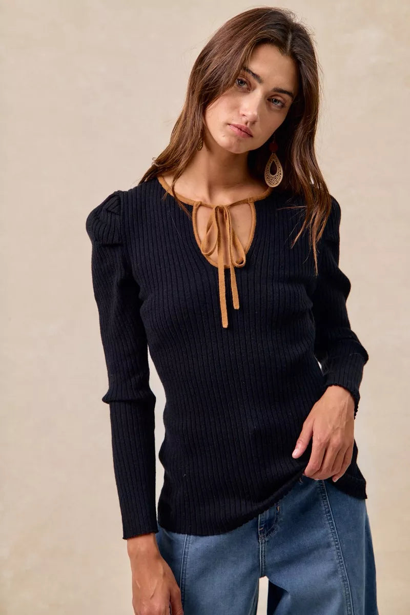 Ribbed Contrast Front Tied Top